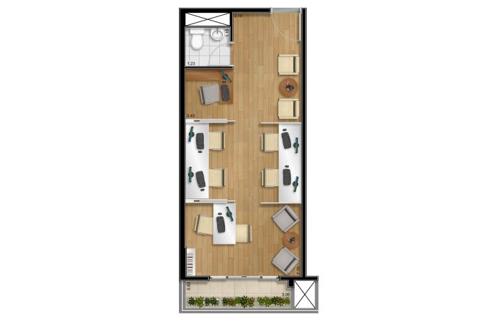 Planta do apartamento comercial de 31m² | Tibério Construtora