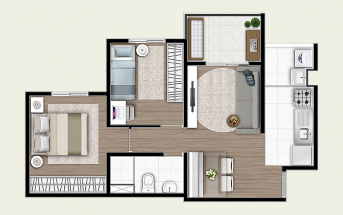Planta do apartamento com 2 dormitórios e 46m² | Tibério Construtora