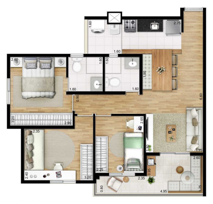 Planta com 3 dormitórios e 66m² | Tibério Construtora