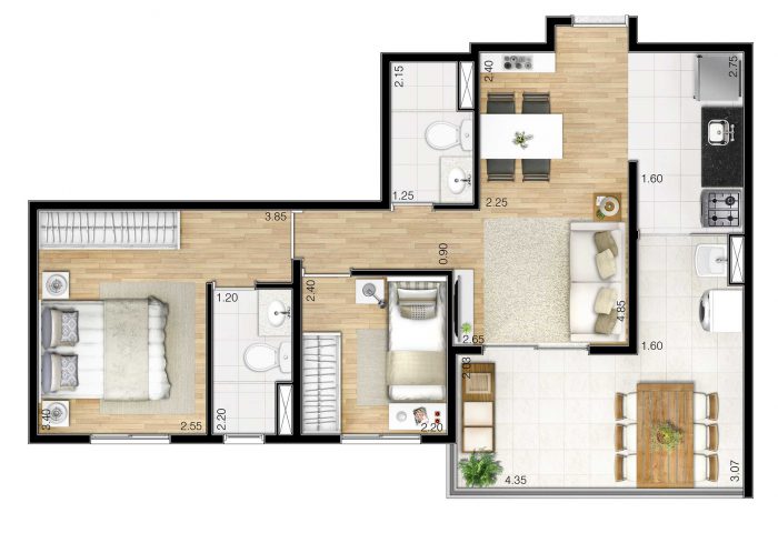 Planta com 2 dormitórios de 59m² | Tibério Construtora