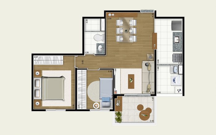 Planta com 2 dormitórios de 50m² | Tibério Construtora 