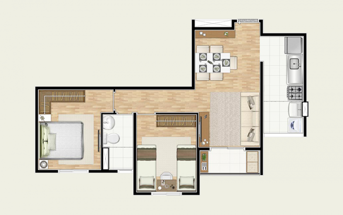 Planta com 3 dormitórios de 57m² | Tibério Construtora