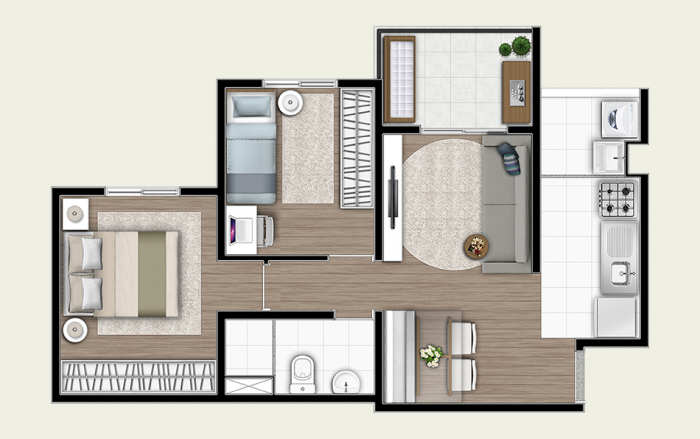 Planta do apartamento de 2 dormitórios com 46m² | Tibério Construtora