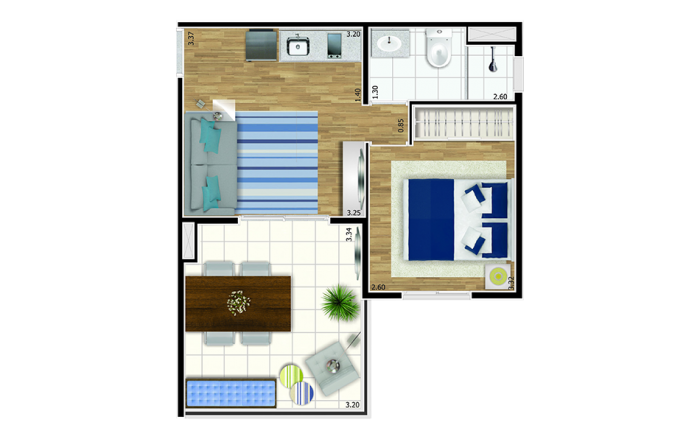 Planta de 1 dormitório com 37m² | Tibério Construtora