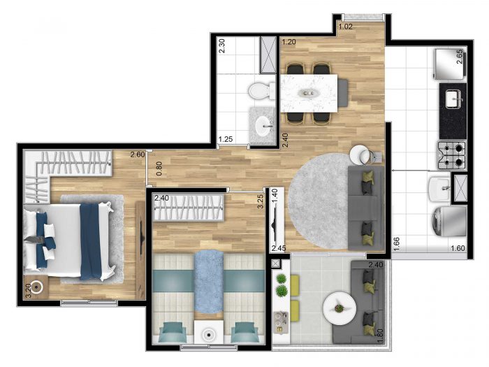 Planta com 2 dormitórios e 49m² | Tibério Construtora