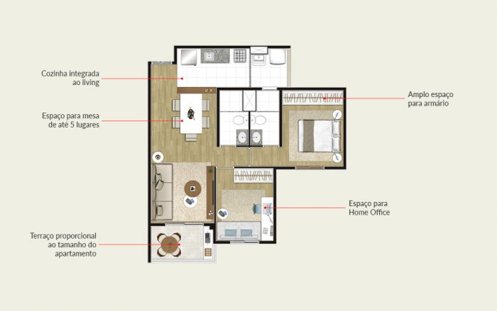 Planta de 59m² com 2 dormitórios | Tibério Construtora 