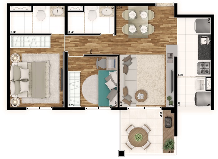 Planta do apartamento de 54m² 