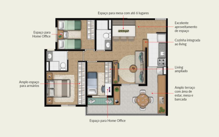 Planta do apartamento de 3 dormitórios | Tibério Construtora