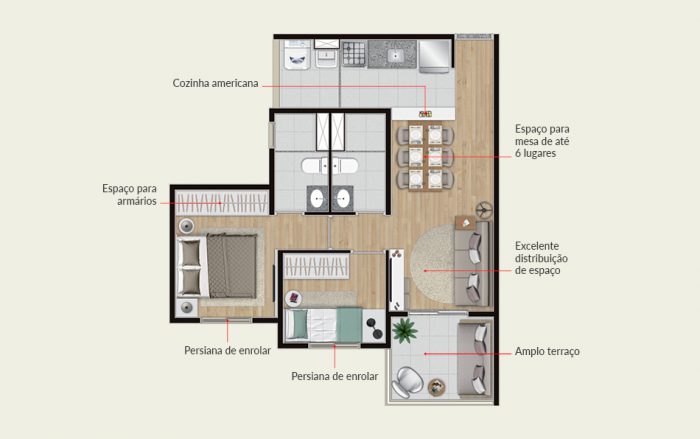 Planta com 2 dormitórios de 50m² | Tibério Construtora 