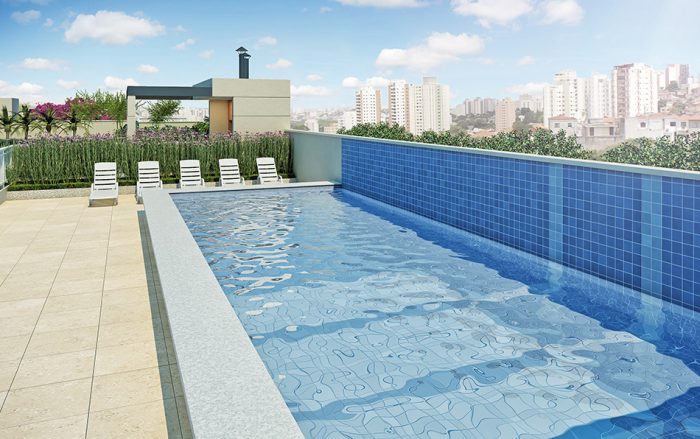 Perspectiva artística da piscina com deck molhado | Tibério Construtora 