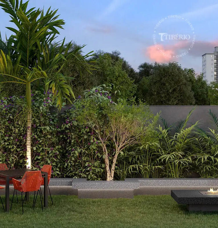 Lounge Externo com Lareira <br> Perspectiva artística.