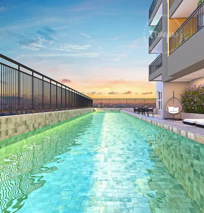 Piscina com Day bed <br>Uso residencial. Perspectiva artística.