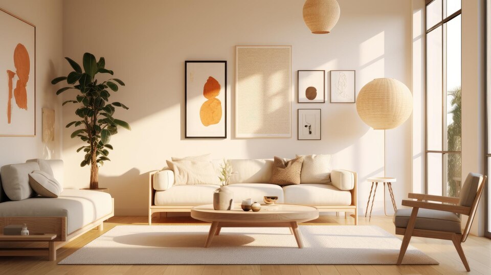 Sala de estar com móveis em cores neutras no estilo Japandi