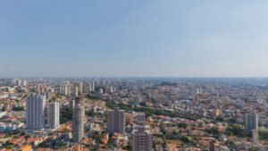 A imagem mostra vista aérea do bairro Campestre em Santo André