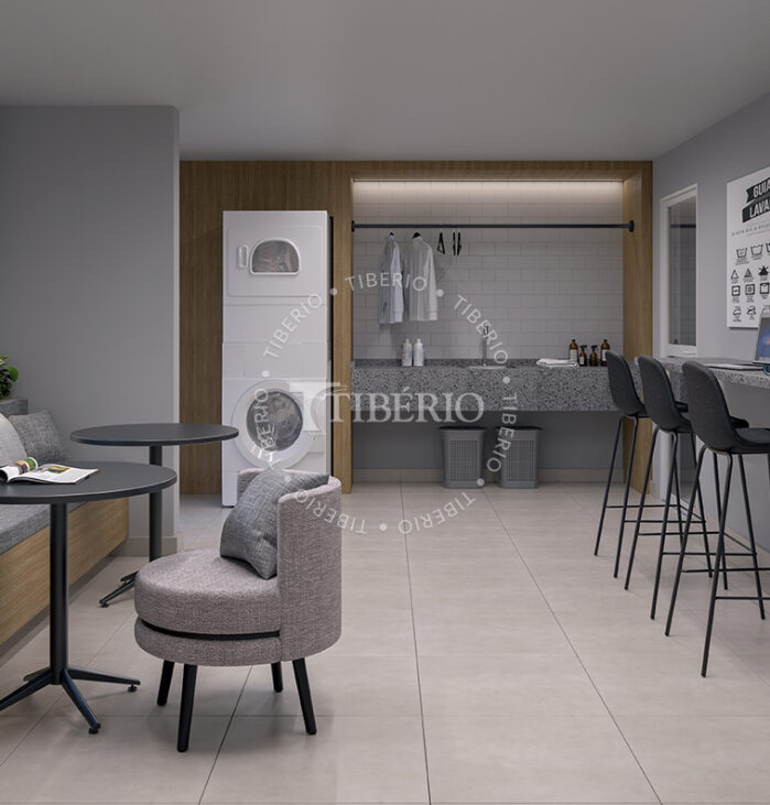 Laundry e Coworking <br>Uso Exclusivo Serviço de Moradia. Perspectiva artística.